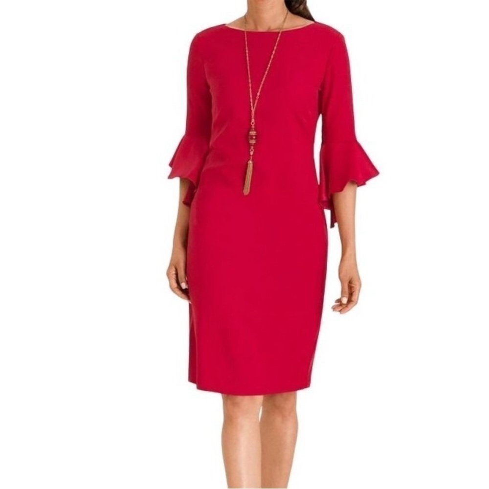 Chicos Sheath Dress Ruffle Flutter Bell Sleeve Holiday Classic Fluted Cocktail